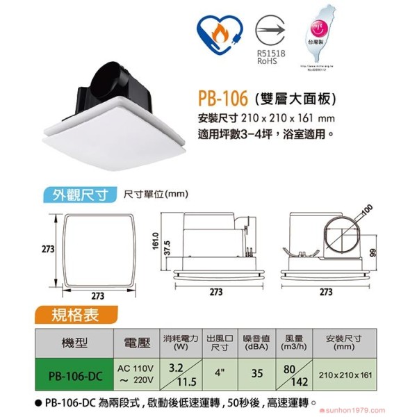 PB-106-DC香格里拉 輕鋼架 換氣扇 (雙層大面板)